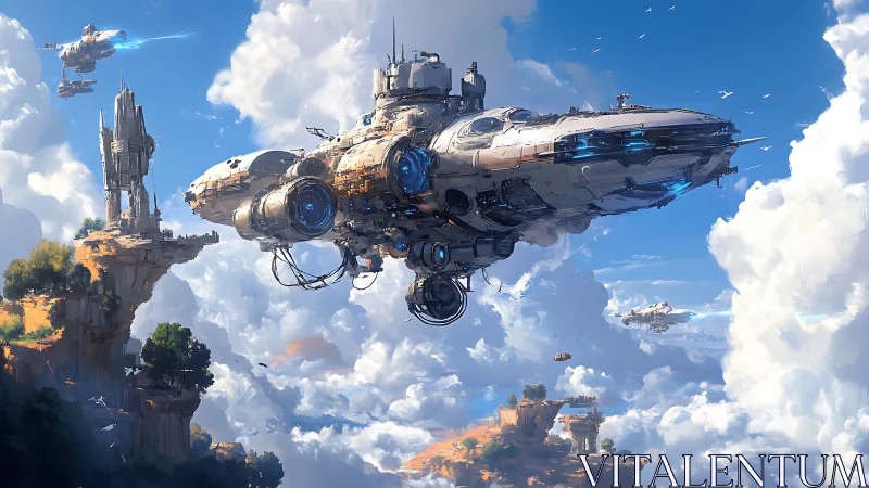 Massive sci fi carrier hovers over floating cliff city.