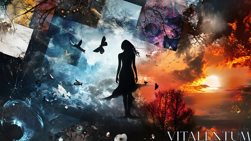 Silhouetted woman walks through swirling storm of dreams