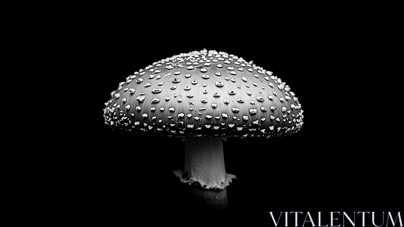 Monochrome fly agaric mushroom isolated on deep black background.