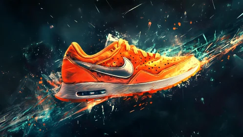 Neon orange sneaker rockets through a storm of digital paint