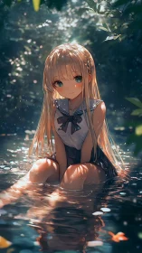 Anime girl kneeling in sunlit forest stream, soft bokeh light.