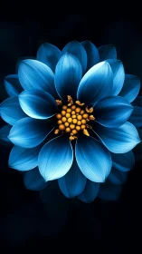 Midnight sapphire bloom with glowing golden heart petals.