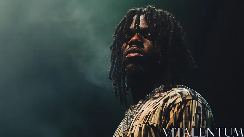 Photographic low-key portrait of musician in stage haze.