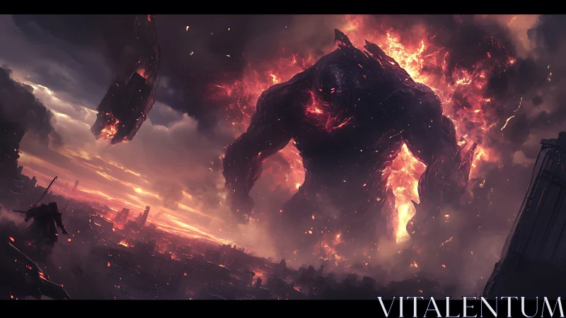 Colossal molten humanoid figure dominates ruined cityscape