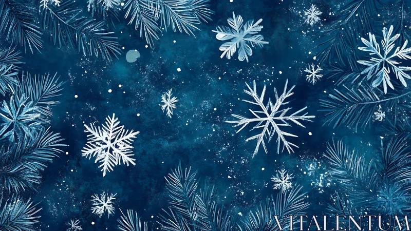 Detailed snowflakes with frosted pine branches on deep teal