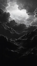 Monochrome storm clouds forming a dark swirling abyss.