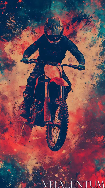 Rebel dirt rider bursts through cosmic dust and neon storm.