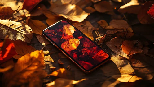 Smartphone on wooden surface under warm autumn foliage glow.