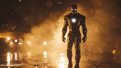 Armored humanoid figure on wet street in dense backlit fog.