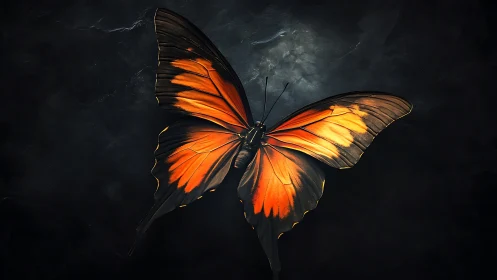 Orange-black butterfly with glowing wings on dark background.