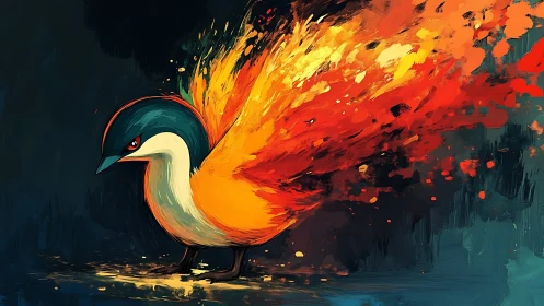 Fiery bird strides forward trailing blazing painted plumage