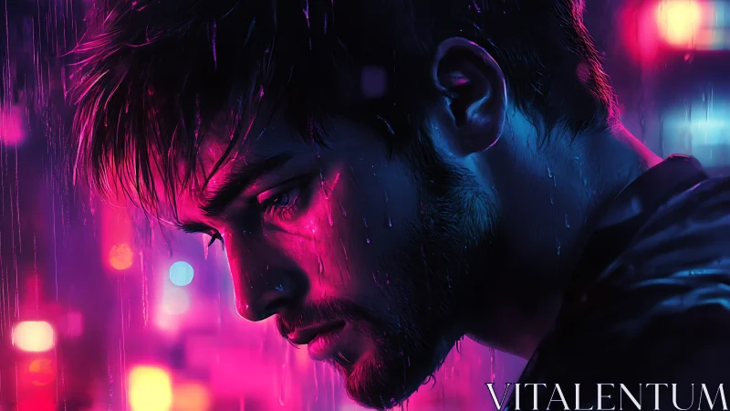 Neon rain sorrow on a lone nightwalker’s silent profile.