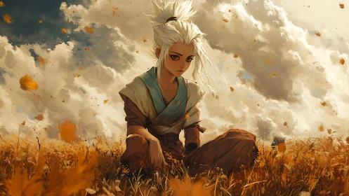 White-haired wanderer rests in autumn field beneath drifting clouds.