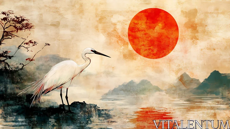 White heron by misty lake under large red sun at dawn.