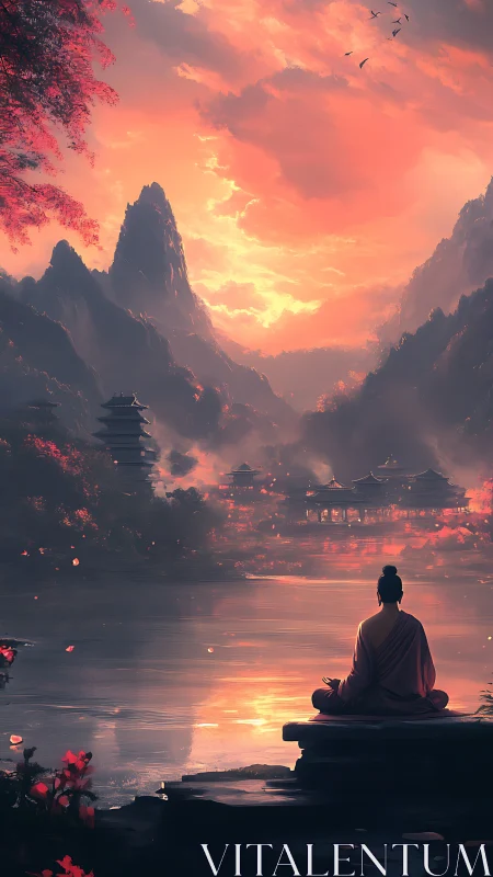 Monk meditates by lake under blazing sakura sunset sky.