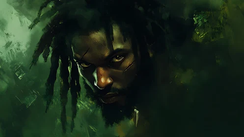 Digital painting portrait with chiaroscuro jungle atmosphere.