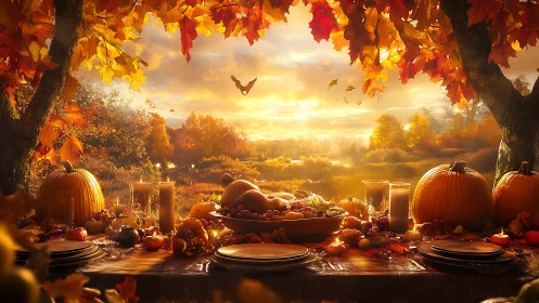 Golden autumn feast glows beneath sunset-lit maple trees