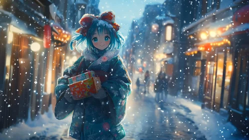 Anime winter girl with gift box in snowy city street.