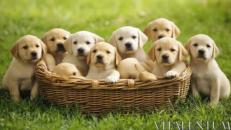 Labrador puppies resting together in a wicker basket outdoors.