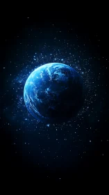 Blue planet hums softly amid drifting stardust hush