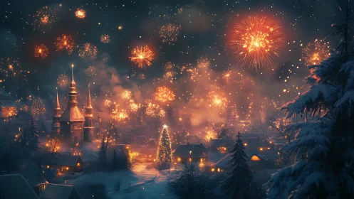 Snowy village skyline glows under festive winter fireworks