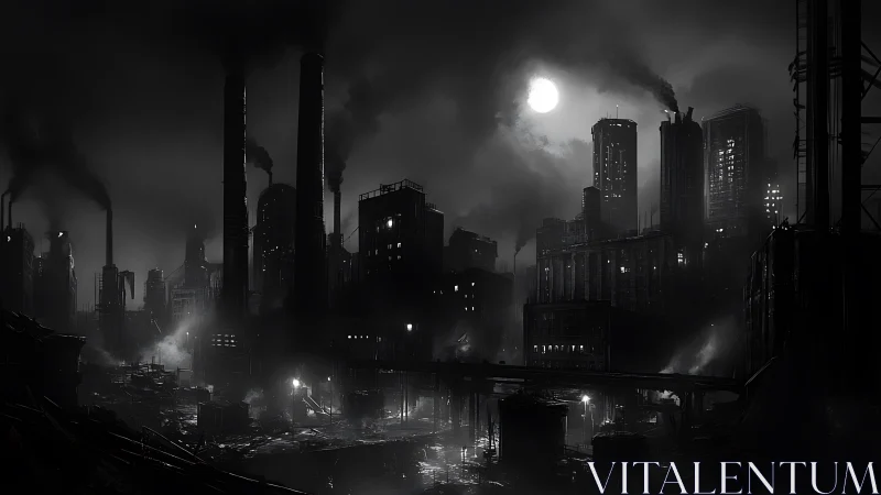 Moonlit smokestacks crown a haunted industrial metropolis.