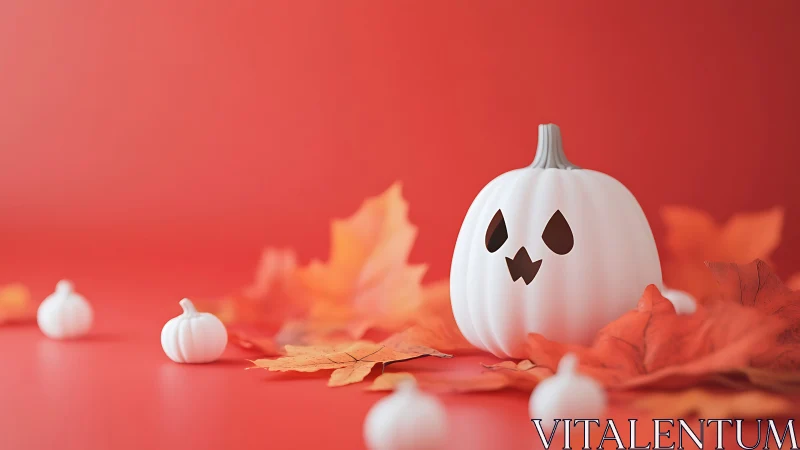 Minimalist white jack o lantern on warm autumn backdrop.