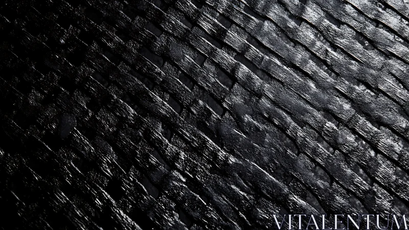 Macro view of wet textured dark surface with diagonal reflective ridges