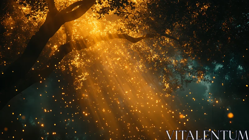 Sunlit forest canopy with suspended glowing particles.