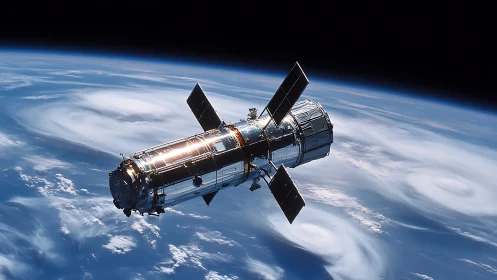 Earth orbit telescope above swirling cloud systems in space.