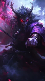 Demonic warrior with glowing eyes wielding dark magic.