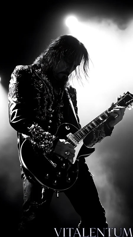 Rock guitarist commands stage under dramatic backlight.