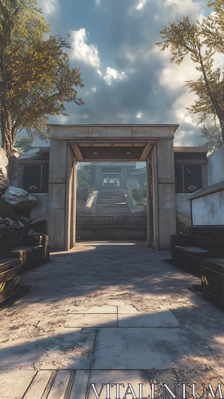 Modern stone courtyard entrance with central stairway view.
