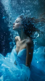 Woman in flowing blue gown drifts serenely underwater