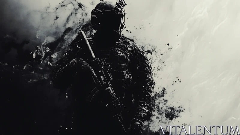 Silhouetted tactical soldier dissolving into inked smoke.