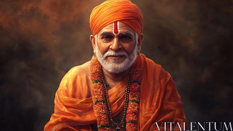 Elderly Hindu monk radiates calm wisdom in warm light.