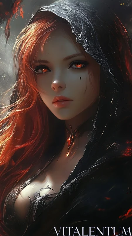 Fiery eyed sorceress in dark hooded cloak portrait.