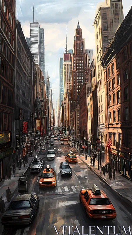 Urban street canyon presents mid-day traffic and tall buildings