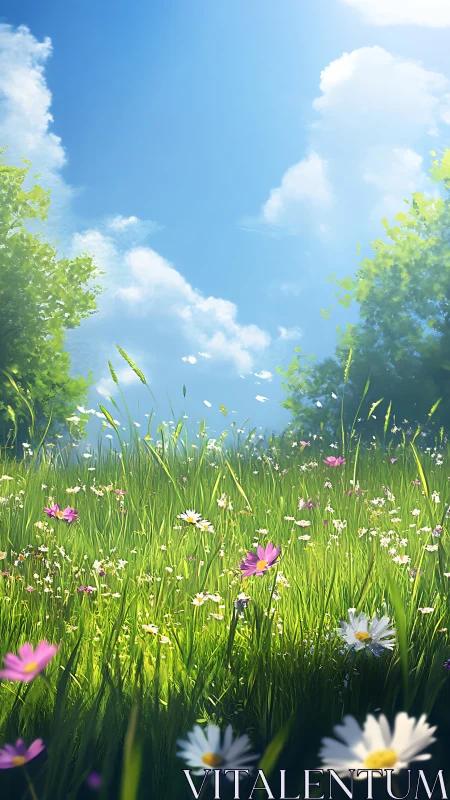 Sunlit wildflower meadow stretches under calm blue skies