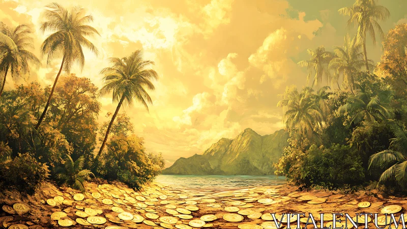 Golden Coins Blanket Tropical Beach Cove at Sunset.