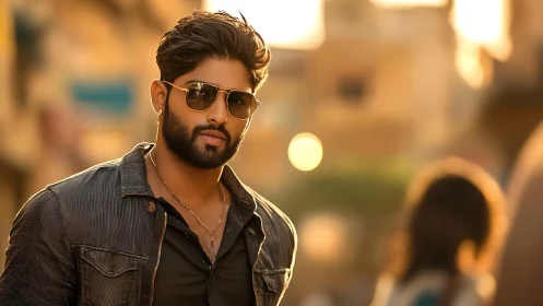 Man in sunglasses on sunlit urban street at golden hour.