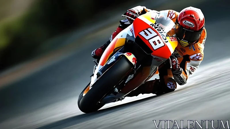 Motorcycle racer leaning into fast track cornering shot.