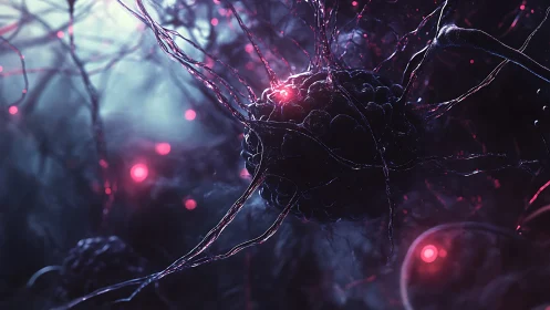 Glowing neural cluster in dark sci fi biological network.