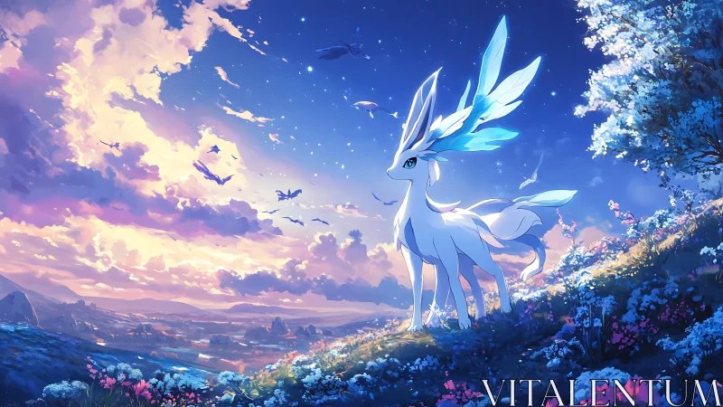 Crystal-eared quadruped under expansive twilight sky.