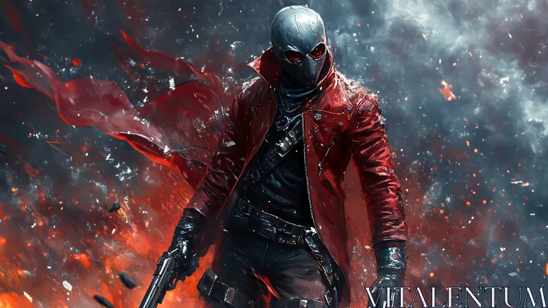 Masked antihero strides through firelit chaos with quiet power