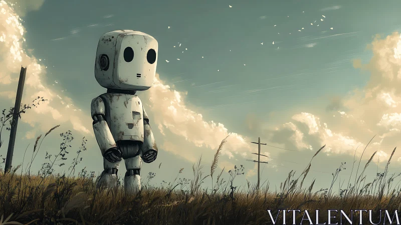 Lonely worn robot standing in quiet overgrown field.