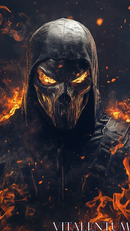 Hooded skull figure with fiery eyes in dark inferno setting.