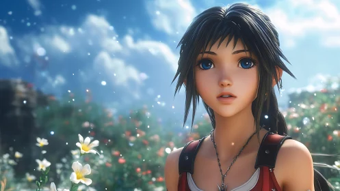 Sky-eyed adventurer pauses in a sunlit meadow of drifting dreams.