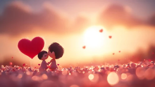 Two silhouetted figures sharing romantic moment beneath glowing heart balloon.