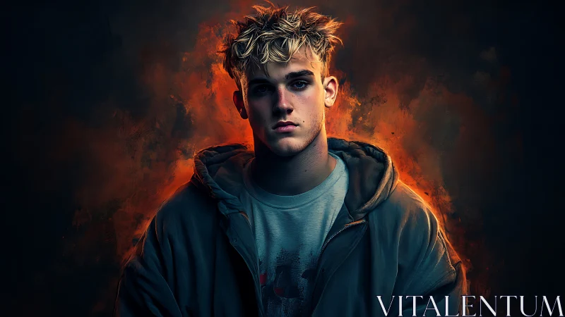 Brooding young man framed by vivid fiery backlight glow